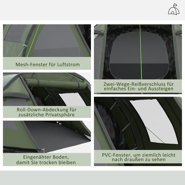 4 Personers Tunneltelt Campingtelt Med Uv-Beskyttelsesvindue Familietelt Med Bæretaske 2000 Mm Hydrostatisk Hoved Trekking Grøn