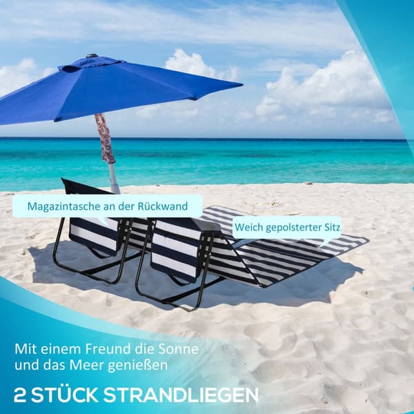 Beach Mat Sett Med 2 Sammenleggbar Justerbar Bæreveske Magasinveske Stål Oxford Blå + Hvit