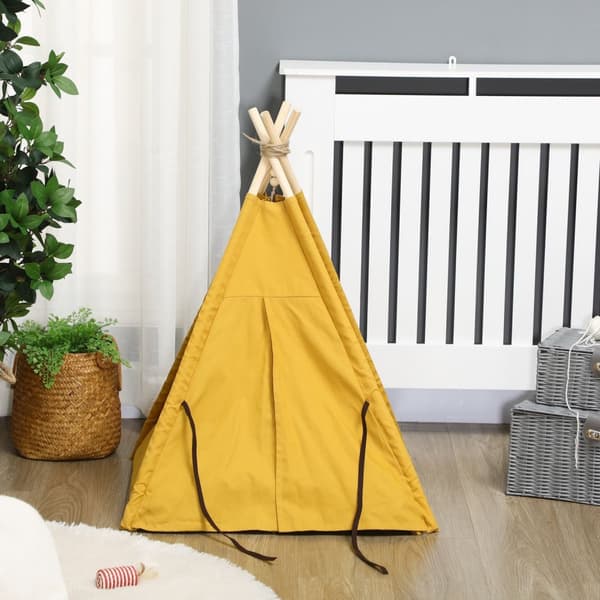 Cat House Tipi Telt Hundeseng Med Pute Sklisikker Med Lekeball Laget Av Furu Innendørs I Gult