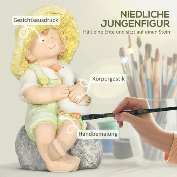 Liten Gutt Med Stråhatt 43 Cm Værbestandig Hagestatue Utendørs Ornament Hageinnredning Skulptur For Hjemmeinnredning