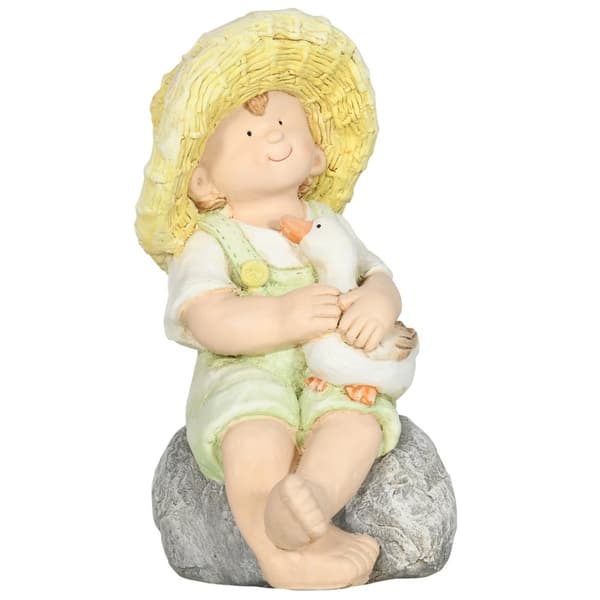 Liten Gutt Med Stråhatt 43 Cm Værbestandig Hagestatue Utendørs Ornament Hageinnredning Skulptur For Hjemmeinnredning