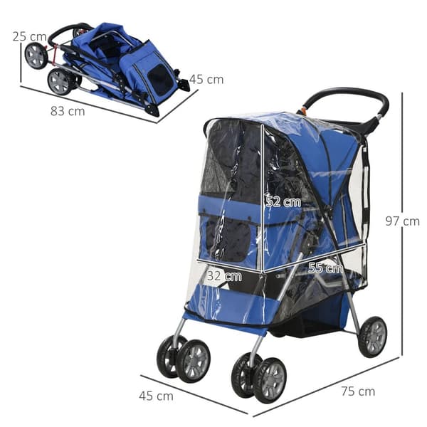 Hundevogn, Hundevogn Med Regntrekk, Sammenleggbar Hundevogn Opp Til 20 Kg, Med Koppholder, Nettingvindu, Kattevogn, Blå, 75 X 45 X 97 Cm
