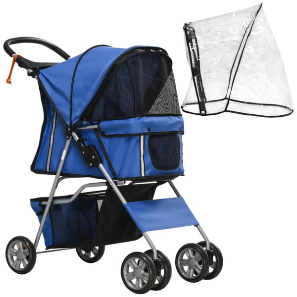 Hundevogn, Hundevogn Med Regntrekk, Sammenleggbar Hundevogn Opp Til 20 Kg, Med Koppholder, Nettingvindu, Kattevogn, Blå, 75 X 45 X 97 Cm