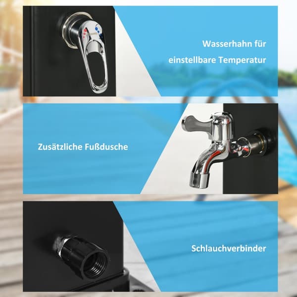 Solbruser 40L, Udendørs Bruser, Poolbruser Med Fodbruser Og Regnbruser, Vandtemperatur Op Til 60°C, Inklusive Monteringsmateriale, Sort