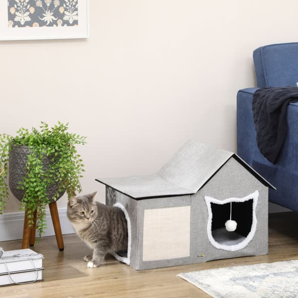 Cat Cave Med Kradseoverflade Og Dobbeltdøre Cudly Cave Med Pude Og Legetøjskugle, Polyester, Grå