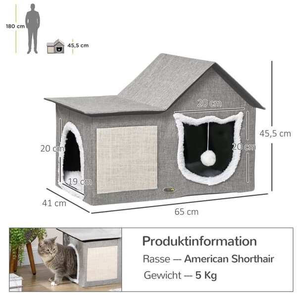 Cat Cave Med Kradseoverflade Og Dobbeltdøre Cudly Cave Med Pude Og Legetøjskugle, Polyester, Grå