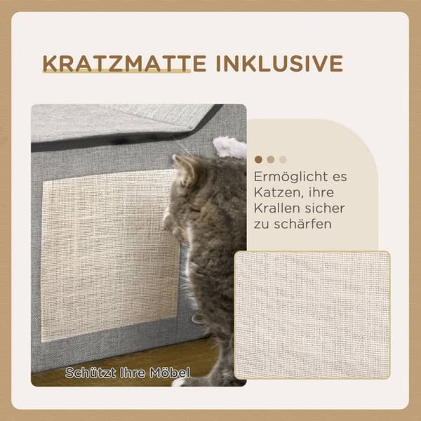 Cat Cave Med Kradseoverflade Og Dobbeltdøre Cudly Cave Med Pude Og Legetøjskugle, Polyester, Grå