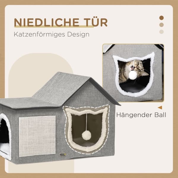 Cat Cave Med Kradseoverflade Og Dobbeltdøre Cudly Cave Med Pude Og Legetøjskugle, Polyester, Grå