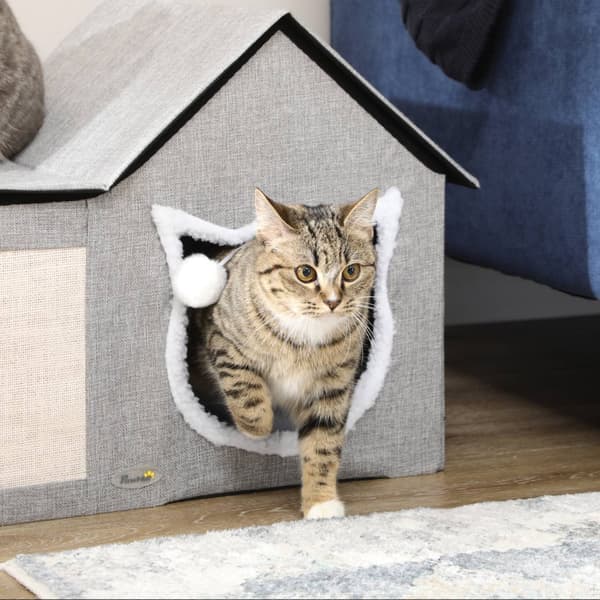 Cat Cave Med Kradseoverflade Og Dobbeltdøre Cudly Cave Med Pude Og Legetøjskugle, Polyester, Grå