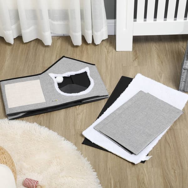 Cat Cave Med Kradseoverflade Og Dobbeltdøre Cudly Cave Med Pude Og Legetøjskugle, Polyester, Grå