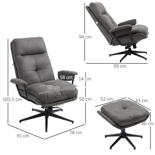 Avslapningsstol Med Krakk, Tv-Stol Med Dreibar Sokkel, Tv-Stol Med Liggefunksjon, Bæreevne Opptil 150 Kg, Polyester, Stål, Mørkegrå
