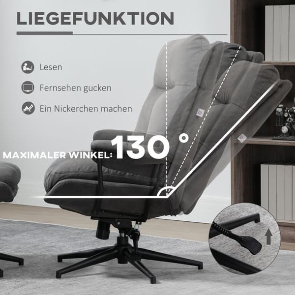 Avslapningsstol Med Krakk, Tv-Stol Med Dreibar Sokkel, Tv-Stol Med Liggefunksjon, Bæreevne Opptil 150 Kg, Polyester, Stål, Mørkegrå