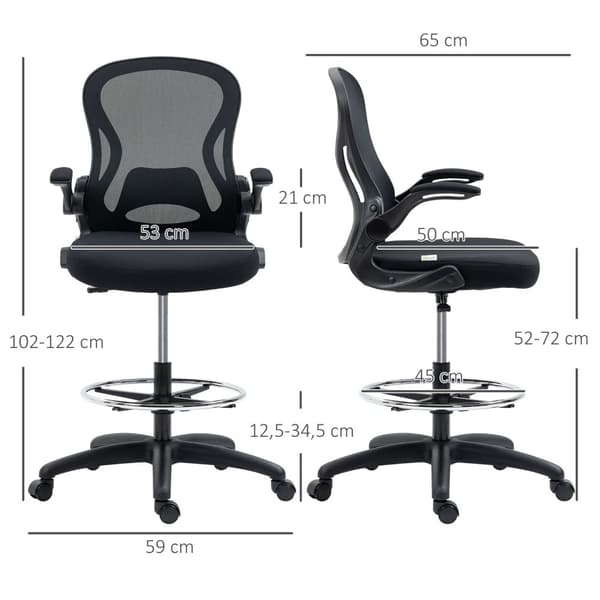 Kontorstol Ergonomisk Arbejdsstol Med Justerbar Fodring, 110-130 Cm Højdejusterbar, Hjul, Lændestøtte, Sort