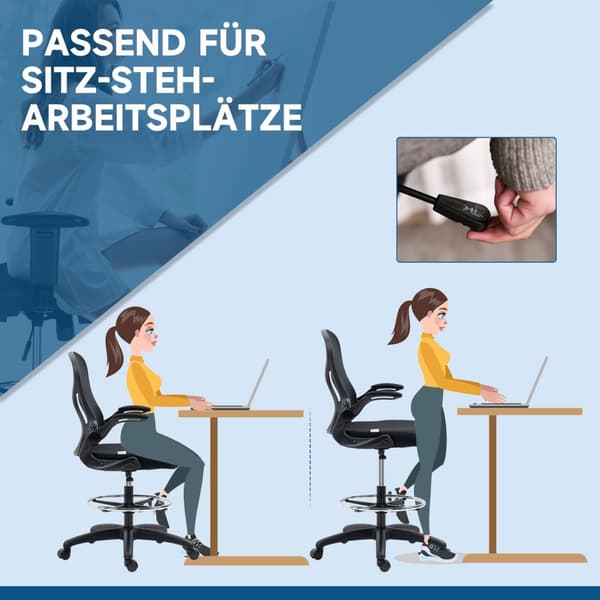 Kontorstol Ergonomisk Arbejdsstol Med Justerbar Fodring, 110-130 Cm Højdejusterbar, Hjul, Lændestøtte, Sort