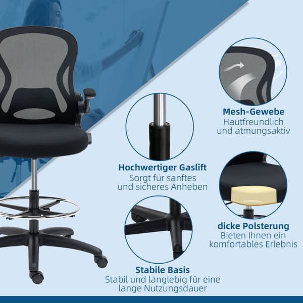 Kontorstol Ergonomisk Arbejdsstol Med Justerbar Fodring, 110-130 Cm Højdejusterbar, Hjul, Lændestøtte, Sort
