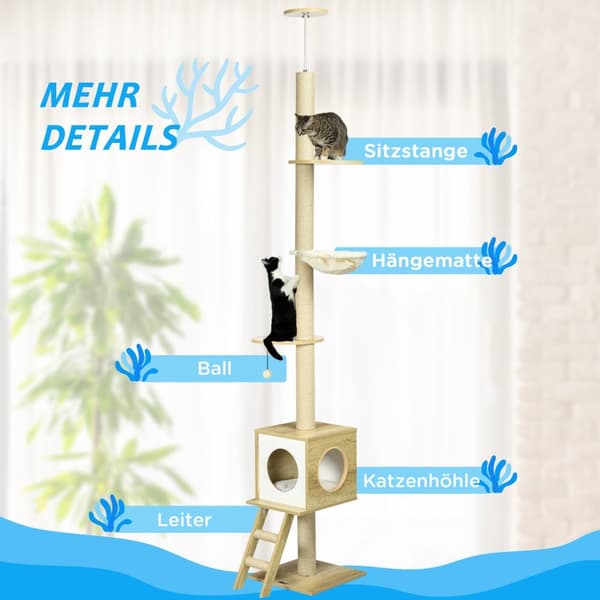 Skrapstolpe Tak Högt 240-260 Cm, Med Katthus & Hängmatta, Ljusbrun + Beige