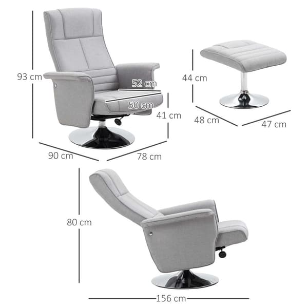 Massagestol Med Fotpall, Elektrisk Tv-Stol Med Liggfunktion, Fjärrkontroll, Linnelook, Stål, Ljusgrå
