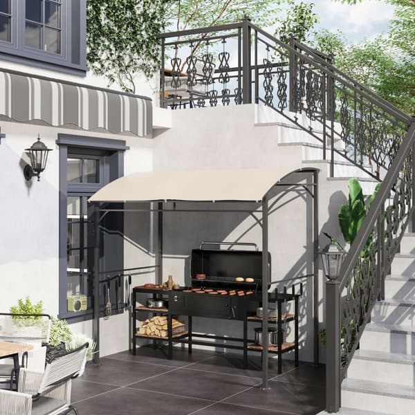Grillpavillon, Grilloverdækning, Regnslag Med Uv-Bestandig, Havepavillon Med Kroge, Stålramme, Polyester, Beige, 215 X 150 X 220 Cm