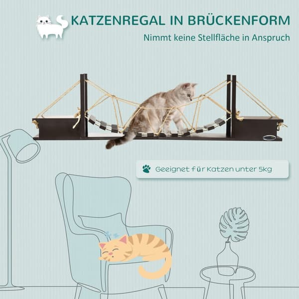 Klatrevæg Til Katte Vægkradsestolpe Med Hængebro, Op Til 5 Kg, Vægmonteret, Brun, 96X20X25,5 Cm