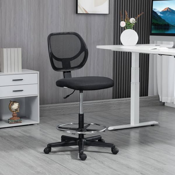 Kontorstol Ergonomisk Drejestol Med Justerbar Fodring, Højdejusterbar 93-113Cm, Hjul, Sort
