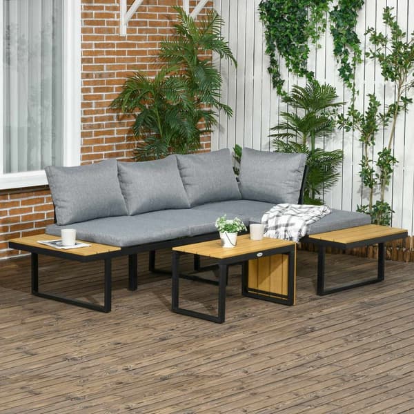 Hagemøbelsett For 3 Personer, Balkongmøbler Med Sitteputer, Aluminiumsramme, Trelook, Mørk Grå + Naturlig