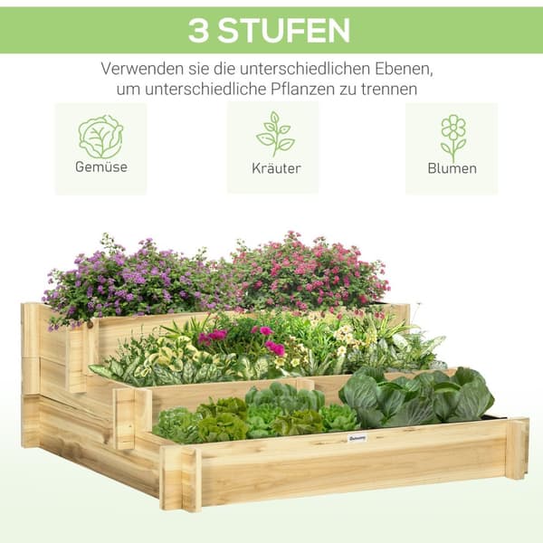 Høyseng 3-Lags Blomsterkasse Planteseng Med Stofffor Urteseng Blomstertrapper For Balkong Hage Tre Naturlig 93 X 93 X 35 Cm