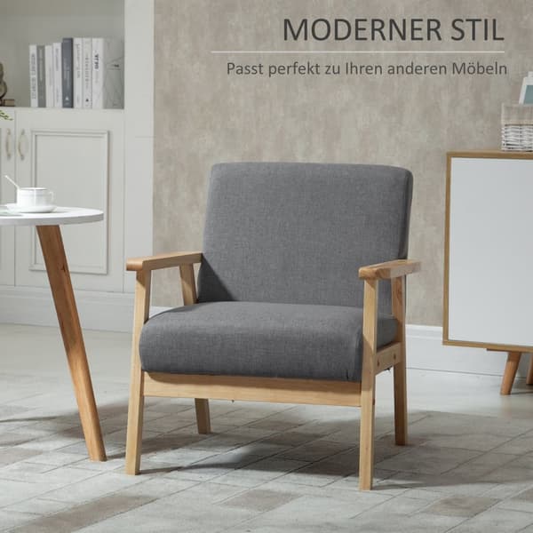 Vingestol, Lenestol Med Armlener, Spisestuestol, Avslapningsstol I Linlook, Polstret Stol, Ramme I Heltre, Grå, 64 X 70 X 72 Cm