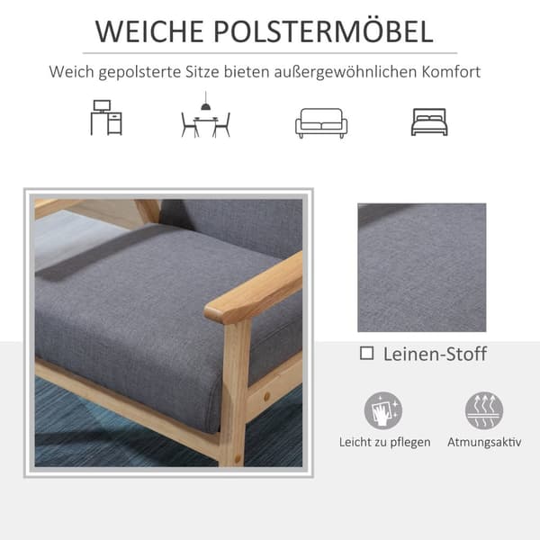 Vingestol, Lenestol Med Armlener, Spisestuestol, Avslapningsstol I Linlook, Polstret Stol, Ramme I Heltre, Grå, 64 X 70 X 72 Cm