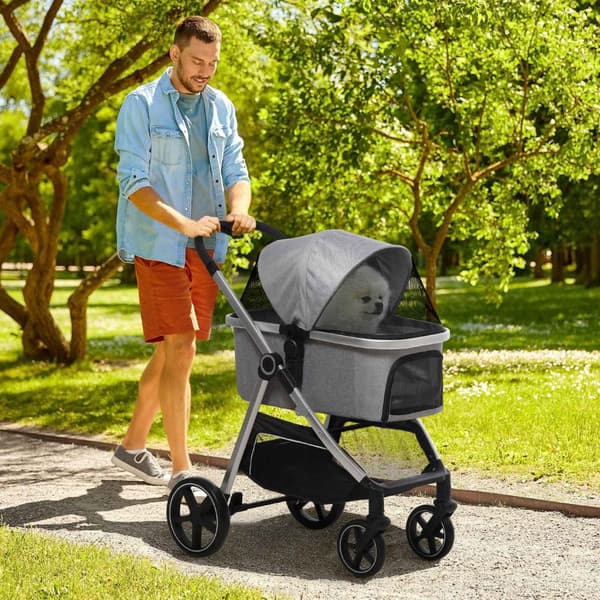 Dog Buggy 2-I-1 Sammenleggbare Bremser Mesh Vindu Sikkerhetsbånd Lys Grå Opp Til 15 Kg