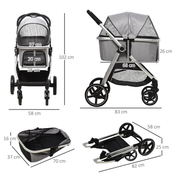 Dog Buggy 2-I-1 Sammenleggbare Bremser Mesh Vindu Sikkerhetsbånd Lys Grå Opp Til 15 Kg