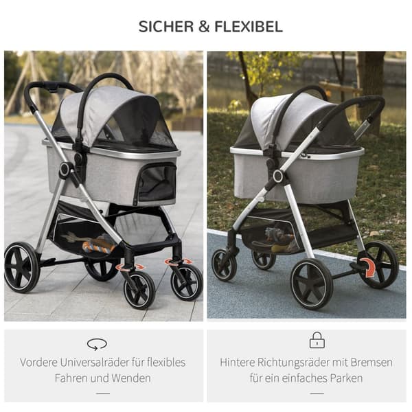 Dog Buggy 2-I-1 Sammenleggbare Bremser Mesh Vindu Sikkerhetsbånd Lys Grå Opp Til 15 Kg