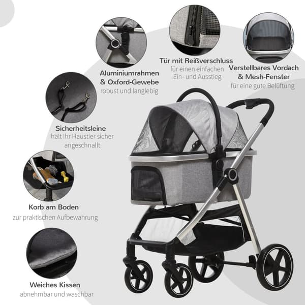 Dog Buggy 2-I-1 Sammenleggbare Bremser Mesh Vindu Sikkerhetsbånd Lys Grå Opp Til 15 Kg