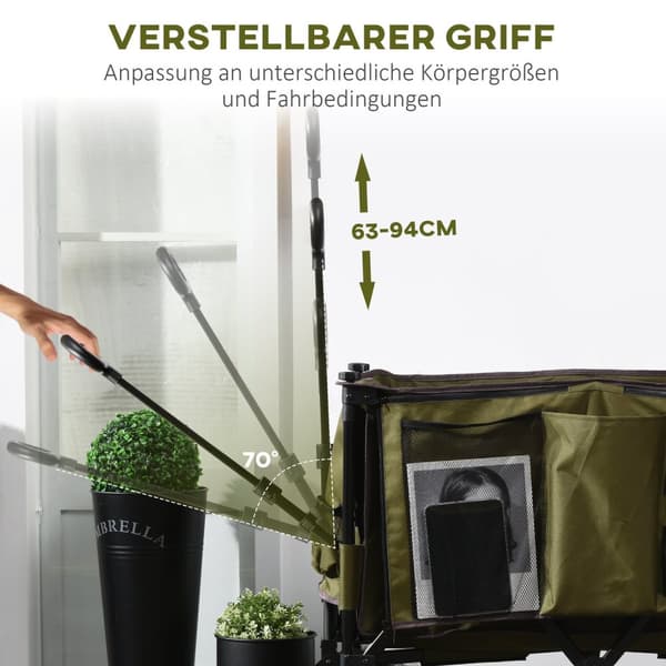 Handcart Sammenleggbar Handcart Med Justerbart Håndtak, Vesker, Brede Hjul, Opptil 120 Kg, Grønn