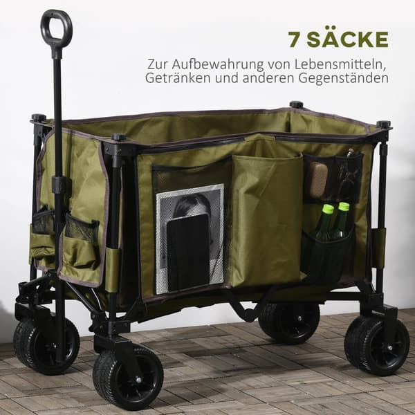 Handcart Sammenleggbar Handcart Med Justerbart Håndtak, Vesker, Brede Hjul, Opptil 120 Kg, Grønn