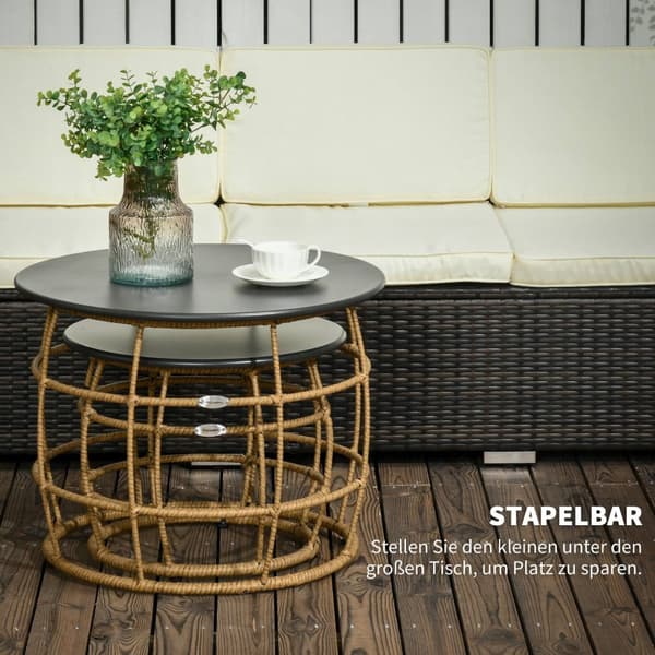 Sidebord, Sofabord, Sofabord, Sæt Af 2, Håndvævet Med Bordplade Til Have, Altan, Ø46+Ø60 Cm, Sand
