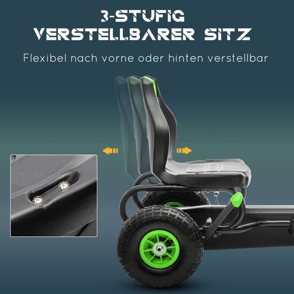 Gokart Børnebil Med Justerbart Sæde, Gummidæk, Pedal Og Håndbremse, Fra 5 År, Grøn + Sort