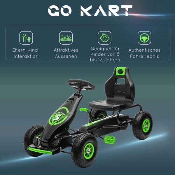 Gokart Børnebil Med Justerbart Sæde, Gummidæk, Pedal Og Håndbremse, Fra 5 År, Grøn + Sort
