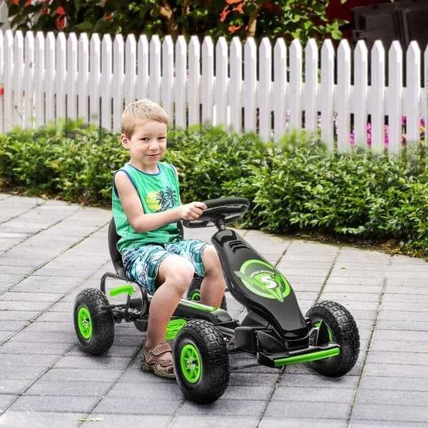 Gokart Børnebil Med Justerbart Sæde, Gummidæk, Pedal Og Håndbremse, Fra 5 År, Grøn + Sort