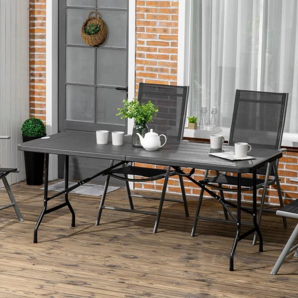 Puutarhapöytä Taittopöytä 6 Hengelle, Noutopöytä Teräsrungolla, Patiopöytä Puun Näköinen, 180 X 75,5 X 73 Cm, Tummanharmaa