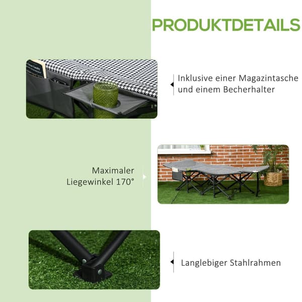 Feltseng Campingseng Camping Solseng Bag Koppholder Opp Til 120Kg Svart 68X186X48Cm