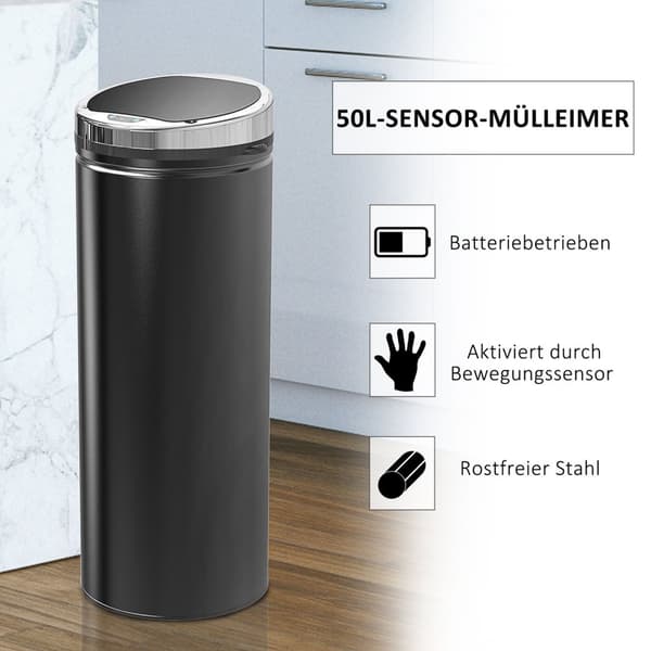 Anturi Roskakori 50L Automaattinen Roskakori, Ruosteenkestävä Keittiökauha, Infrapuna-Anturi, Musta, Ruostumaton Teräs