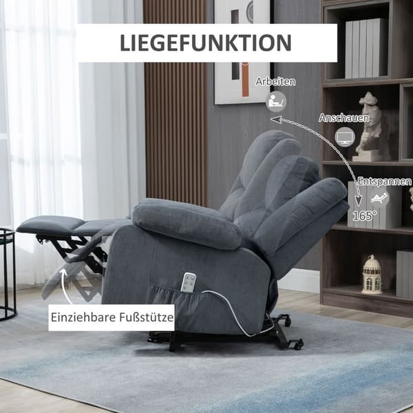 Avslapningsstol, Tv-Stol, Ståstol, Elektrisk Justerbar Med Liggefunksjon Inkludert Fjernkontroll, Fløyelslook, Grå, 92 X 93 X 105 Cm