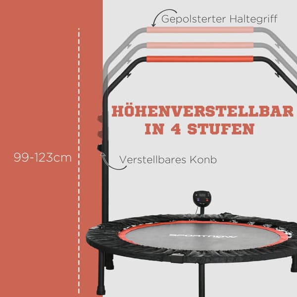 Mini Trampoline Lcd-Skjerm 102 Cm Fitness Trampoline Med 4-Veis Høydejusterbart Håndtak Opptil 100 Kg