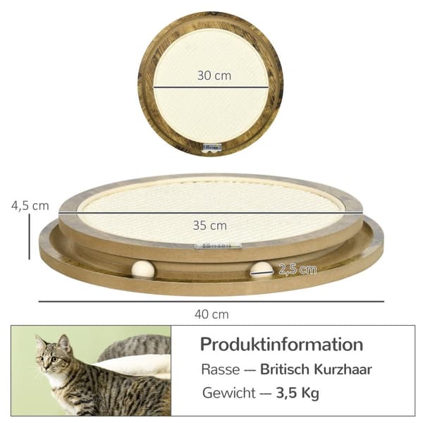 Skrabebræt Kattelegeplads Med Dobbeltlagsdesign & Legebold, Brun + Cremehvid, Ø40X4,5 Cm