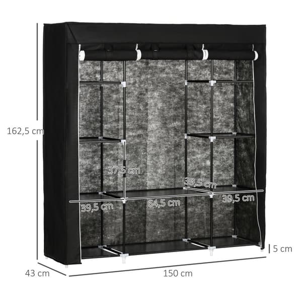 Stofgarderobe Med Lynlås, 1 Bøjlestang, 10 Hylder, 150X43X162,5Cm, Fiberdug