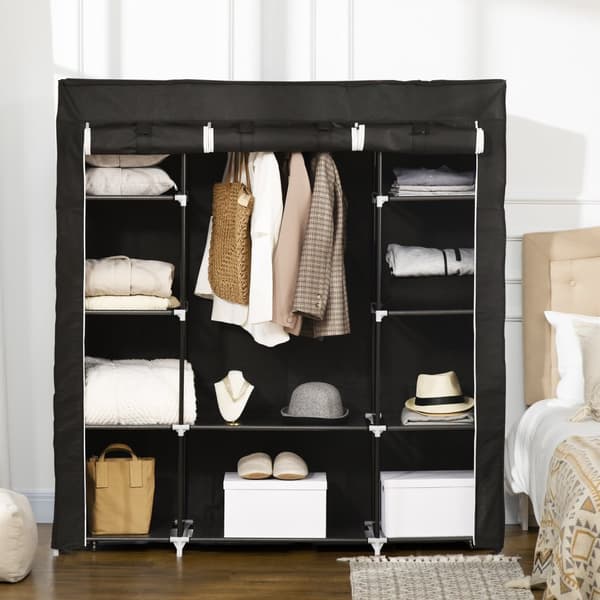 Stofgarderobe Med Lynlås, 1 Bøjlestang, 10 Hylder, 150X43X162,5Cm, Fiberdug