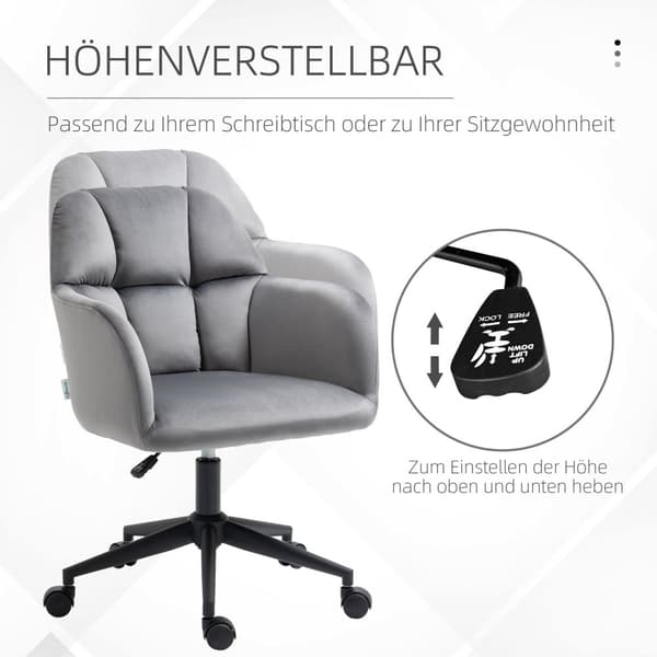 Kontorstol Skrivebordsstol Med Hjul, Høydejusterbar, Ergonomisk, Fløyelslook, Opptil 120 Kg, Grå