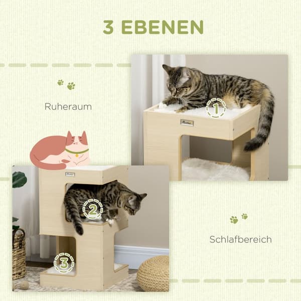 Cat Cave 3-Tier Cat Cabinet Pude Indendørs Cat House Kattehus Legetøj Eg 34X34X60 Cm