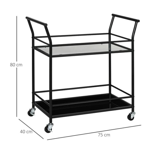 Kjøkkenvogn, Rullevogn, Serveringsvogn Med 2 Hyller, Vogn, Sidevogn På Hjul, Oppbevaringsvogn I Metall, Svart, 75 X 40 X 80 Cm