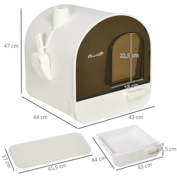 Kattesandboks Med Hette Toalett For Katter Opp Til 5 Kg, Med Lokk, Kattesandmatte, Plast, Hvit, 43X44X47Cm